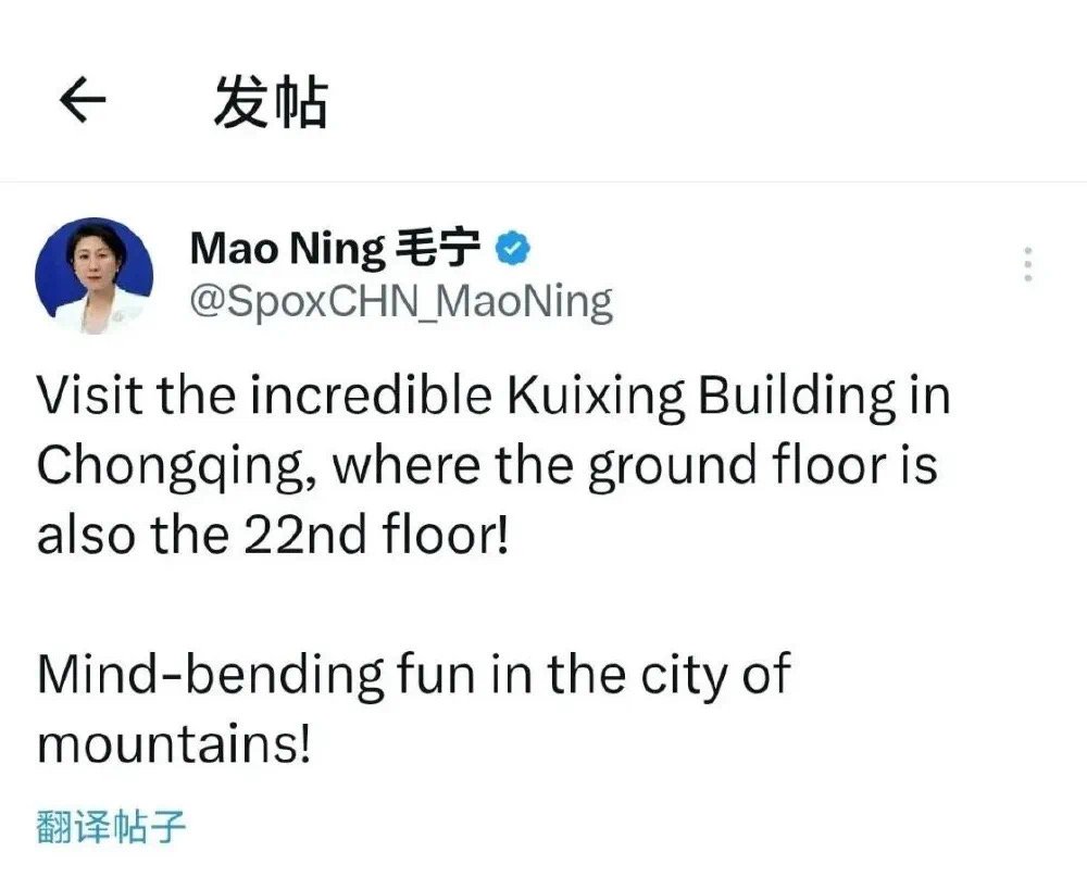 外交部发言人毛宁在海外社交媒体平台推介重庆。网络截图