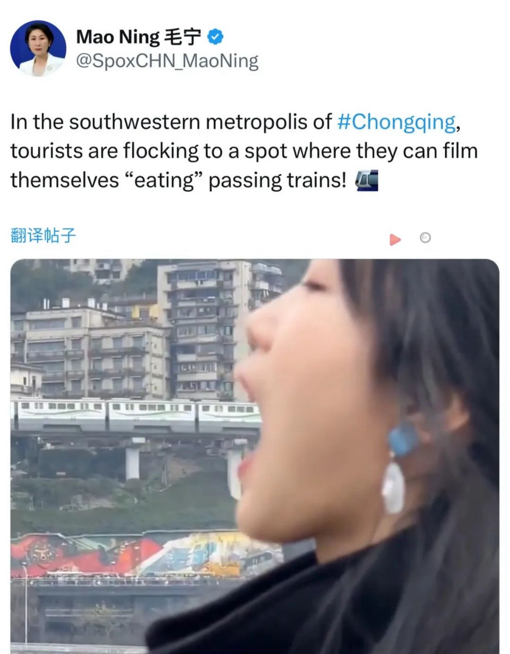 此前,外交部发言人毛宁安利重庆“吃轨道”。网络截图
